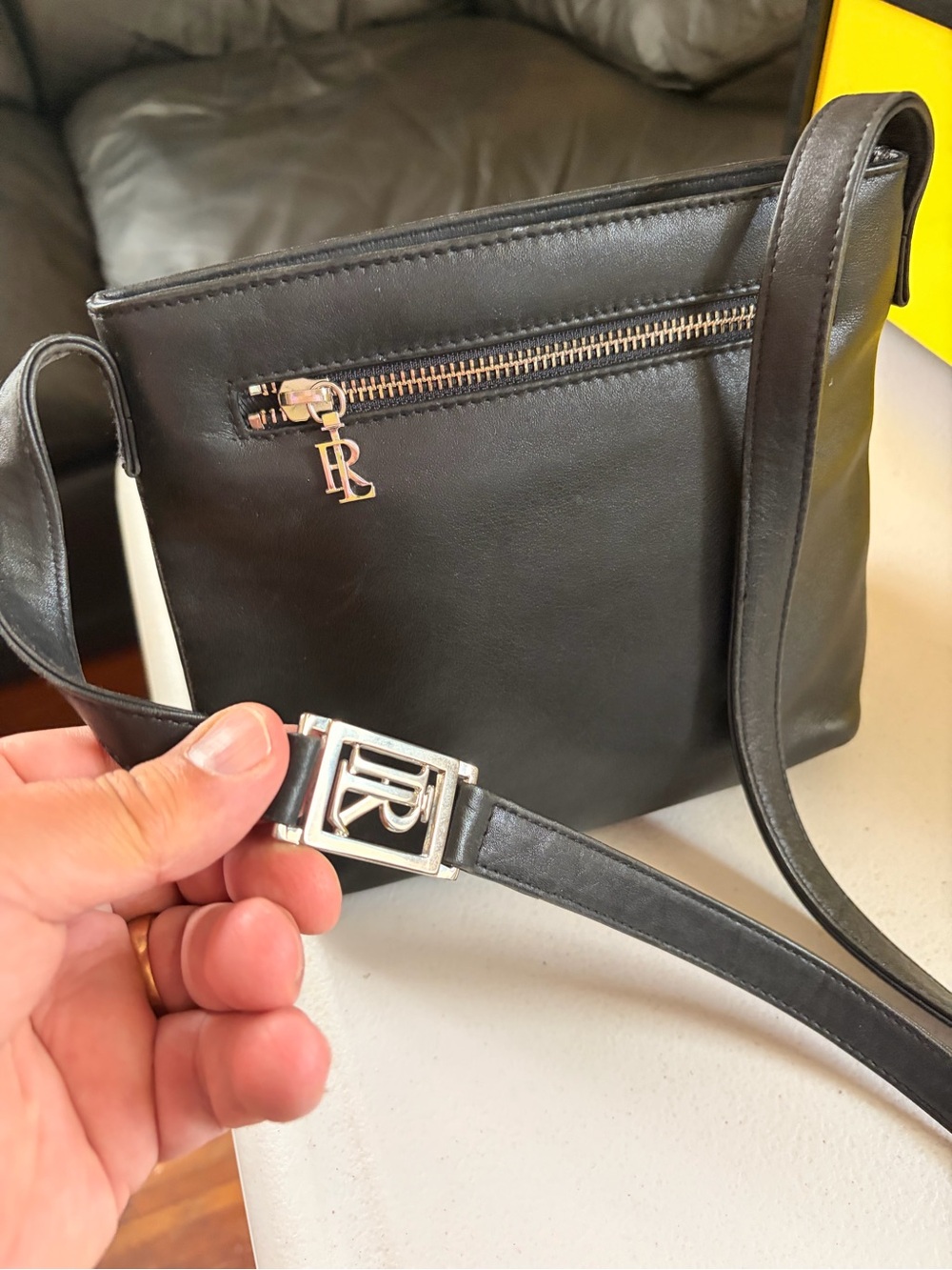 Ralph Lauren Flat Body 9X8 Inch Black Leather Crossbody with RL Logo Buckle